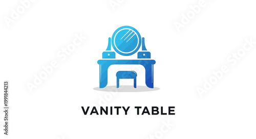Elegant Blue Vanity Table with Mirror and Stool, Isolated.
