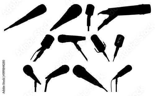 Microphone set with black silhouette icon detail on white background featuring audio, sound, recording with microphone and studio studio