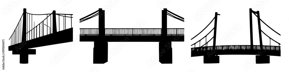 Fototapeta premium Bridge set with single black silhouette over white background featuring arch bridge, architectural, cityscape with monochrome and illustration