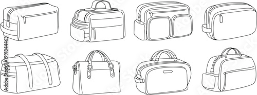 Flat vector line drawing bags illustration, fashion accessory multi style design sketch