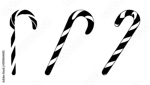 Candy cane set with black silhouette against clean white background featuring holiday, Christmas, festive iconography with silhouette and vector illustration