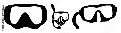 Snorkel mask set with black silhouette on white background featuring snorkel mask, underwater equipment, diving gear with black and white and illustration
