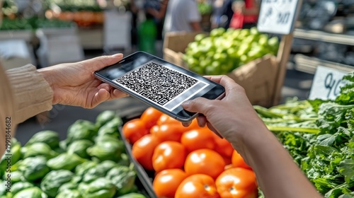 Person scanning QR code on smartphone at farmers market