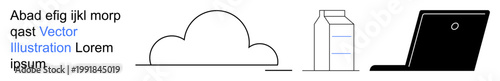 Technology integration, cloud computing, remote work, data storage, online shopping, modern lifestyle. Minimalist line design shows a cloud, milk carton and laptop. Cloud computing and remote work