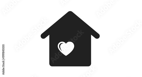 Simple Black House Icon with White Heart Symbol.