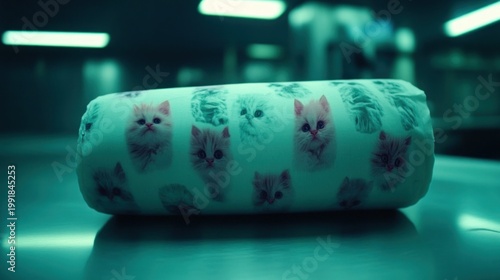 Cylindrical object, light teal color, printed with kitten faces, on a smooth teal surface