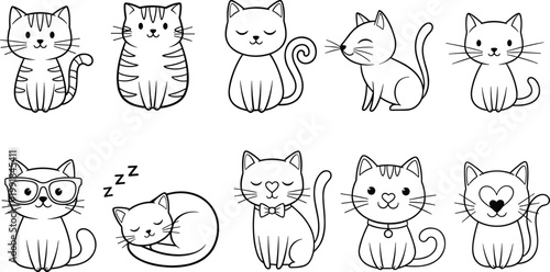 Adorable Kawaii Cat Character Set Featuring Cute Kittens in Various Poses for Coloring Books, Child Stickers, Web Design, and Minimalist Vector Illustrations