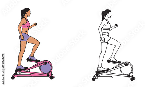 Woman using an elliptical machine for cardio workout, with a line art option.
