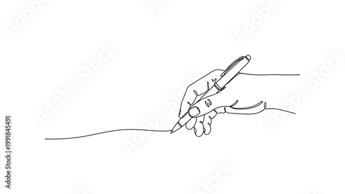 Continuous line drawing of a hand holding a pen writing on a surface.