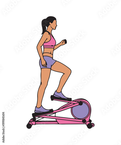 Fit woman exercising on a pink elliptical machine, promoting a healthy lifestyle and cardio workout.