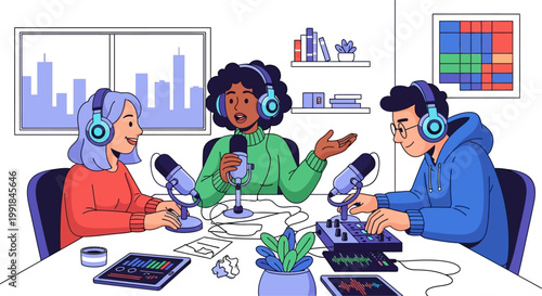 Three people recording a podcast episode.