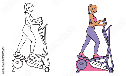 Woman on an elliptical machine, shown in both color and outline for flexible design use.