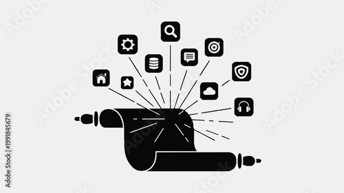 Hand pointing to various digital icons and symbols connected to it