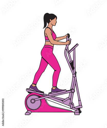 Fit woman in pink activewear using a purple elliptical trainer for a cardio workout.