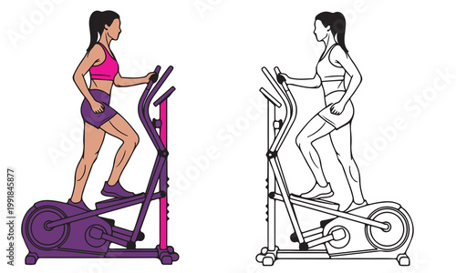 Woman on elliptical machine, side view, wearing shorts, with color and outline.
