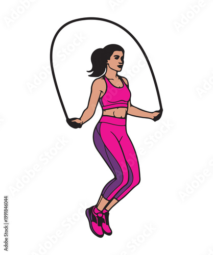 Fit woman in pink sports bra and leggings jumping rope for cardio exercise, isolated on white background.