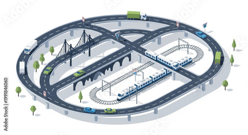 Complex transportation network with roads bridges and train tracks.