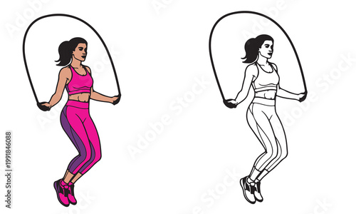 Woman jumping rope in color and outline versions for fitness and exercise, isolated on white.