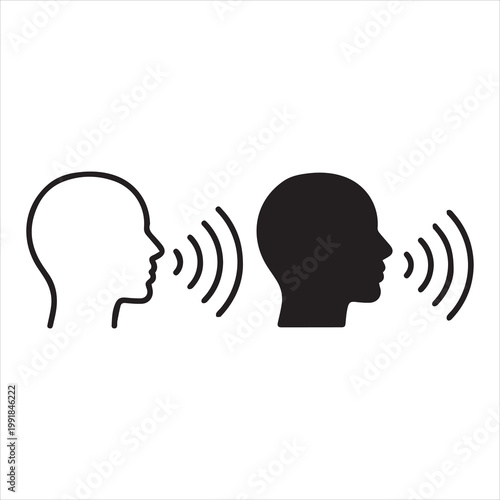 Speak symbol, voice icon linear and solid, human head with sound wave