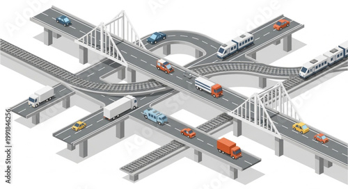 Complex highway interchange with multiple levels and vehicles.