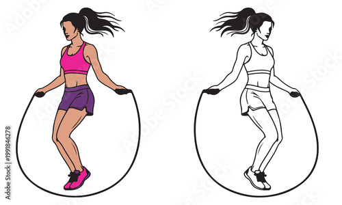 Set of two illustrations: woman jumping rope in color and outline for versatile fitness design.