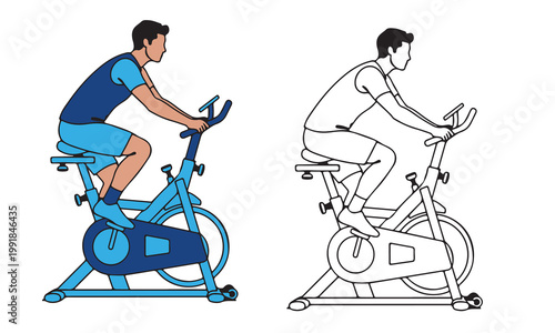 Man on a blue stationary bicycle, presented in both color and outline vector formats for design.