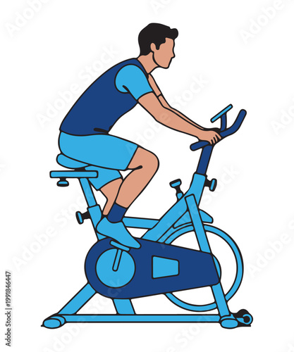 Close-up vector illustration of a man actively pedaling on a blue stationary exercise bike.