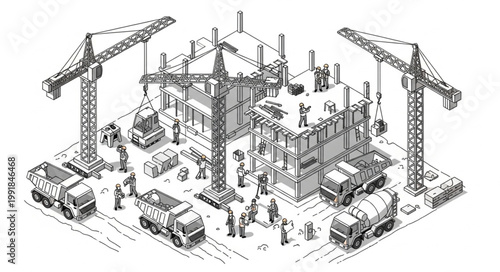 Construction site with cranes and trucks building a structure.