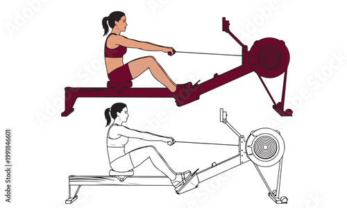 Woman on a maroon rowing machine and outline version, showcasing a vigorous workout session.