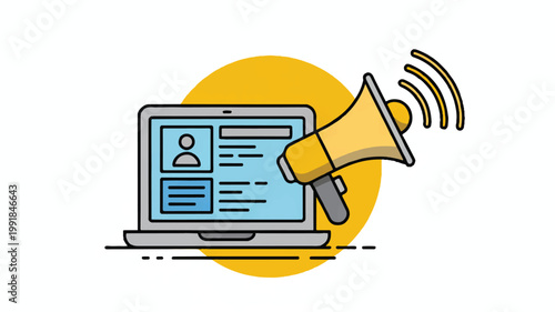 Laptop computer with megaphone announcing resume on screen