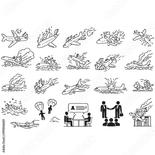 Airplane crash and disaster emergency icons set featuring burning planes water landings parachuting and insurance business meetings in minimalist line art style