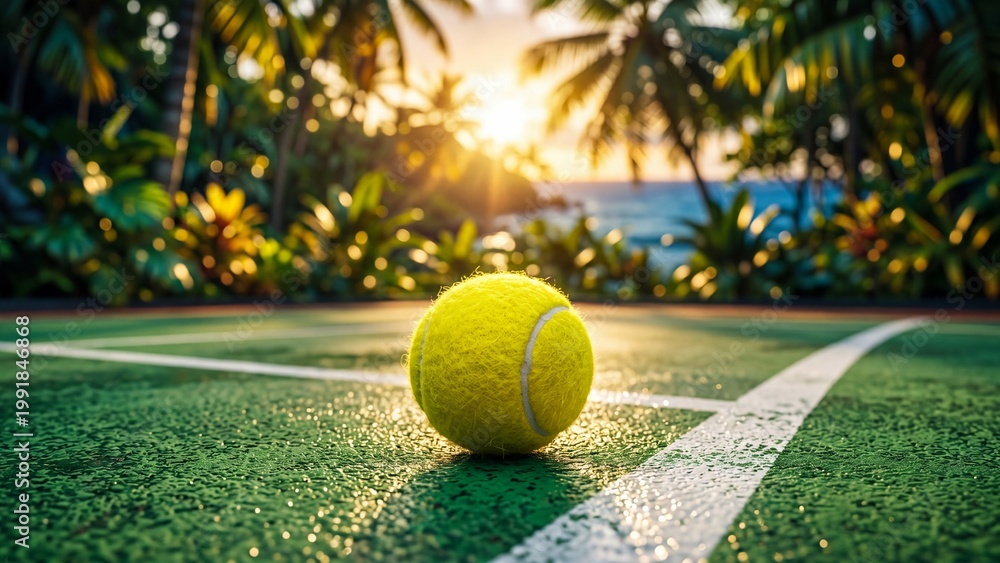 Tennis ball on wet green court at tropical sunset. Palm trees and ocean backdrop in blurred background. Summer sports recreation and beach resort leisure concept