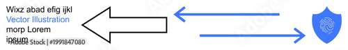 Cybersecurity, data protection, identity verification, information transfer, network security, encryption. Black and blue arrows with a shield and fingerprint icon. Cybersecurity and data protection