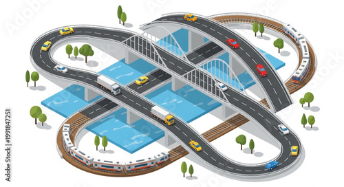 Complex highway interchange with multiple levels and traffic flow.