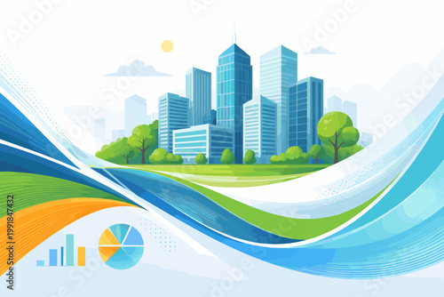 Corporate Brochure Cover Template with Modern City Skyline, Green Parks, and Abstract Wavy Design. Business Report Front Page with Data Visualization Charts, Pie Graph, and Bar Chart. Flat Vector.
