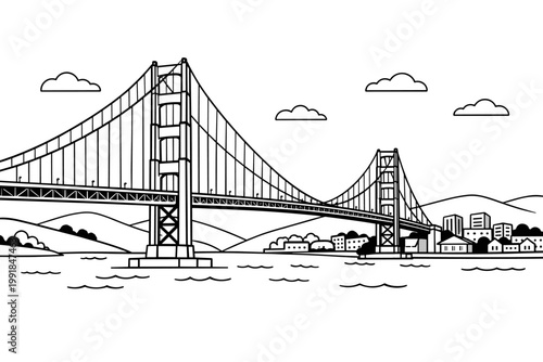 Black and White Vector Line Art Illustration of the Golden Gate Bridge in San Francisco, Featuring a Detailed Suspension Bridge over Water with Scenic Hills and Cityscape for Coloring Pages.