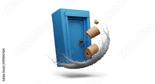 Pixelated blue door opening with corks and splashing particles, symbolizing new opportunities and creativity on a white background