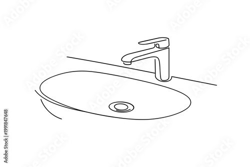 Modern continuous line art drawing of a bathroom sink with a sleek faucet and drain, minimalist washbasin illustration for interior design, home improvement, and architectural concepts.