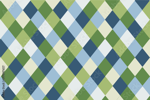 Minimalist Rhombus Harlequin Argyle Pattern in Green and Blue Shades. Geometric Square Tile Trellis Banner Background. Simple Flat Vector Illustration for Textile, Wallpaper, Fabric, and Decor.