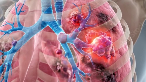 Medical animation of human lung cancer showing tumor growth, suitable for oncology research, clinical presentation, diagnostic video, and education.