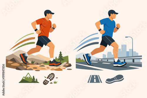 Comparison of trail and road running vector illustration with male athletes. One runner on rocky mountain terrain in orange, another on city asphalt in blue. Footwear testing and fitness concept.