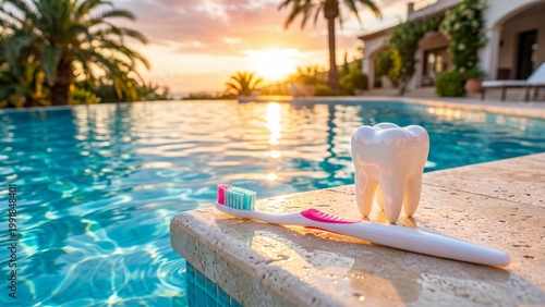 Toothbrush and white tooth model placed on infinity pool edge at tropical sunset. Fresh smile concept for holiday relaxation and wellness