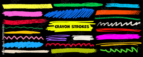 Crayon highlight strokes and scribble lines in bright red, blue, green, yellow, pink on black background with rough textured edges. Crayon highlight elements. Ideal for posters and social media.