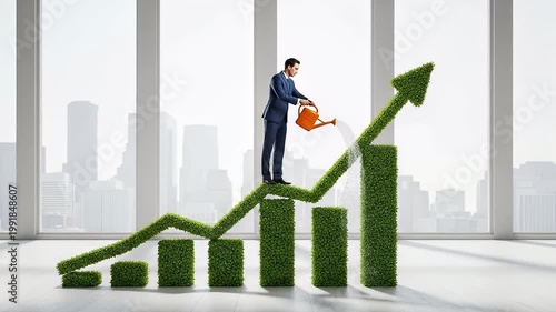 Business Growth Man in Suit Waters Upside Arrow Growth Chart
