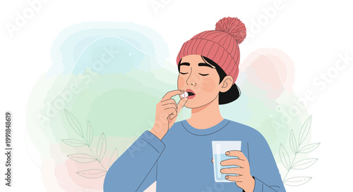 woman taking medicine, sick person with tablet and glass of water, healthcare illustration, medical vector