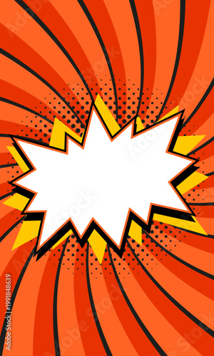 Comic starburst banner with copy space frame over vivid red and orange spiral background with halftone dots. Dynamic retro vector background for sale ads, promo flyers, discount posters
