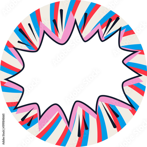 Circle sticker comic cloud with green starburst frame and radial rays in orange, pink and yellow tones. Comic sticker with bold outline and small star accents. Suitable for sale labels, promo posters