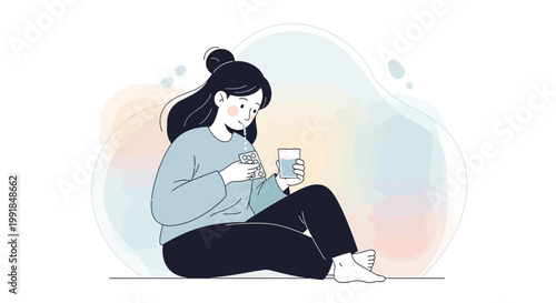 relaxed woman, sitting, holding coffee cup and phone, minimalist illustration, pastel background