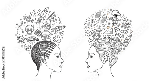 Thinking minds, creative heads, brain storm, idea generation, vector illustration