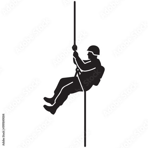 Tactical soldier or rescue worker rappelling down a rope silhouette vector icon for military and extreme sports design